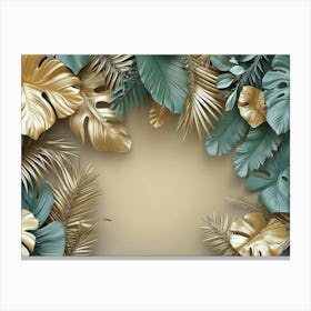 3d Tropical Leaves Golden Canvas Print