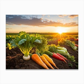 A Variety Of Fresh Vibrant Vegetables Sprouting From Rustic Soil Bathed In The Golden Hour Sunligh (1) 2 Canvas Print