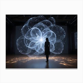 A Woman In A Black Dress Stands In A Futuristic Gallery, Gazing At A Large, Glowing Sphere Of Light And Data Canvas Print