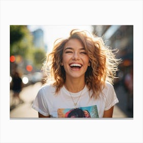 Confident Young Woman Mid Laugh Stylish T Shirt Emblazoned With A Trendy Graphic Positioned Cente (3) Canvas Print