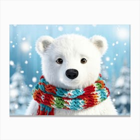 Illustration Of A Fluffy White Polar Bear Cub Adorned In A Handcrafted Knit Cap And Scarf Exuding C Canvas Print