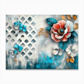 Abstract With White Lattice, Turquoise Elements, And Feather Details On A Floral Base 1 Canvas Print