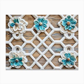 Oak Adorned with White Lattice, Turquoise Accents with Floral Hexagonal Patterns Canvas Print