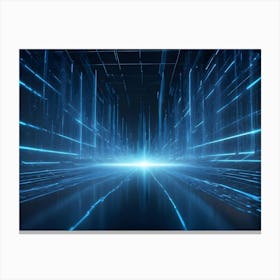 A Dark Room With A Futuristic, Blue Grid Pattern Canvas Print