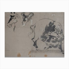 Drawing Of A Bison, And Heads Of A Bison And Horse, Katsushika Hokusai Canvas Print