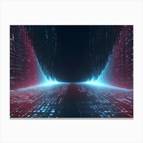 Abstract 3d Render Depicting A Futuristic Cityscape Lit By Glowing Red And Blue Data Streams That Form A Road Or Tunnel Leading To The Unknown Canvas Print