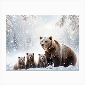 Mama Bear Surrounded By Cubs Snowflakes Gently Falling Serene Winter Landscape Backdrop Soft Glow Canvas Print