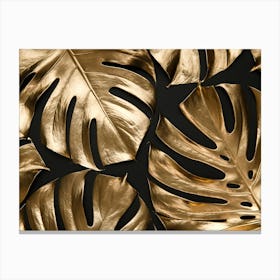 Gold Leaves On Black Background Canvas Print