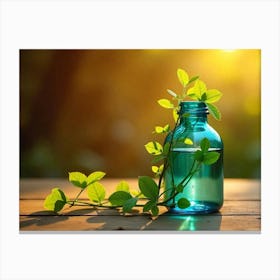 Essential Oil Bottle With Green Leaves Canvas Print