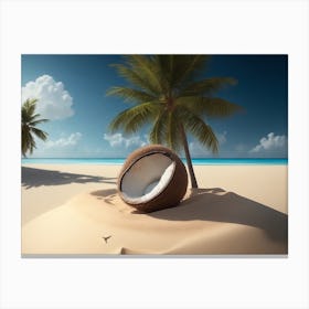 Coconut Palm Tree Rising On The Sandy Beach With Its Fruit Canvas Print