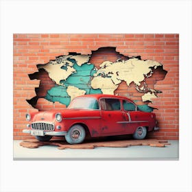 Colorful 3d Art with Broken Brick Wall, Classic Red Car and World Map Toile