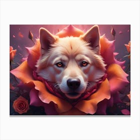 Portrait Of A Wolf With Piercing Eyes Emerging From An Orange Rose Canvas Print