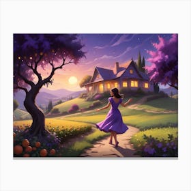 Woman Walking Toward A House On A Hillside With A Book Opening Behind Her 2 Canvas Print