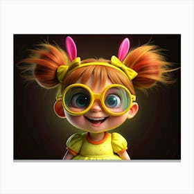 3d Cartoon Illustration Of A Happy Girl With Bunny Ears And Yellow Glasses Canvas Print