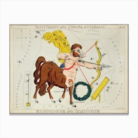 Sidney Hall’s (1831), Astronomical Chart Illustration Of Sagittarius And Corona Australis, Microscopium And Telescopium Canvas Print