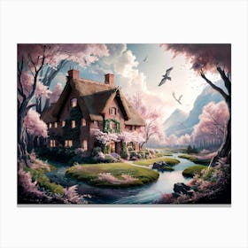 Mountain River with Sakura Tree and Cottage #2 Canvas Print