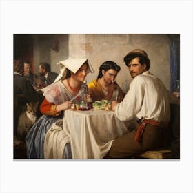 Judgy Painting 1866 In a Roman Osteria by Carl Bloch Carl Bloch's "In a Roman Osteria", depicts a lively scene in a traditional Roman tavern, where a young man, possibly a merchant, sits at a table engaging with women drinking wine. The sense that "everyone looks like they're judging you," including the cat, is a subtle yet powerful aspect of the painting's composition The painting was commissioned in 1866 by Danish merchant Moritz G. Melchior, believed to be the man depicted. Canvas Print