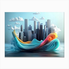 3d Artwork Of Skyline And Waves Painting Canvas Print