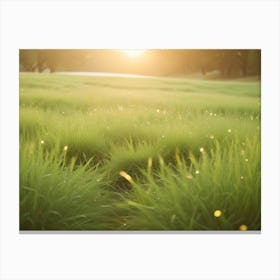 Close Up Shot Of Green Grass With Dewdrops, With The Sun Shining In The Background, Creating A Warm, Inviting Atmosphere Canvas Print