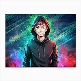 Smiling Anime Boy In Black Hoodie With Neon Lights Canvas Print