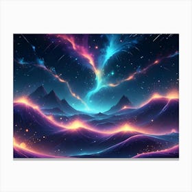 Surreal Landscape With Glowing, Colorful Mountains, Shooting Stars, And A Swirling Nebula In The Night Sky Canvas Print