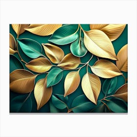 Gold Leaves On Green Background Canvas Print