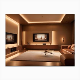 A Modern Living Room Interior With A Brown Leather Sofa, A Glass Coffee Table, And Accent Lighting, Creating A Warm And Inviting Atmosphere Canvas Print