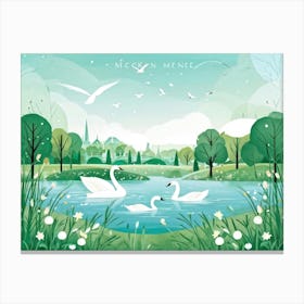 Illustration Of A Tranquil Park Scene In Winter Featuring Cygnets On A Siberian Mere Where Two Chil Canvas Print