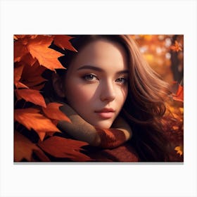 Girl Treading On Autumn Leaves In Fall Canvas Print