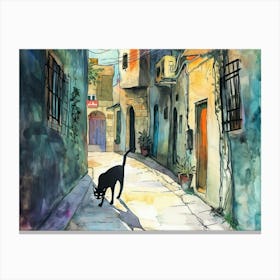 Haifa, Israel   Cat In Street Art Watercolour Painting 3 Canvas Print