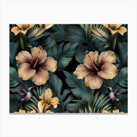 Tropical Exotic Pattern with Gold Hibiscus, Hummingbirds, Protea Flowers, Vintage Banana Leaves, Palm Leaves Canvas Print