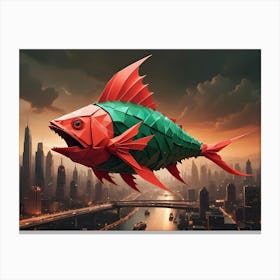 A Giant, Stylized Fish With Red And Green Geometric Shapes Flies Over A Futuristic Cityscape Canvas Print