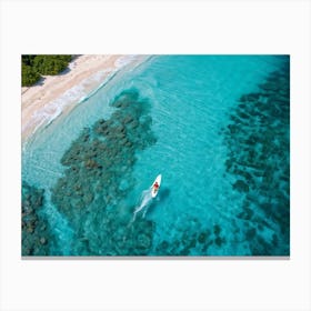 Aerial View Of A Surfer Catching A Turquoise Wave On The Coastline Surrounded By The Pristine Trans (5) Canvas Print