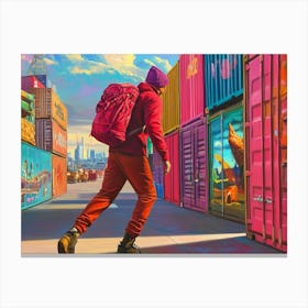 Man Walking Through Colorful Shipping Containers Canvas Print