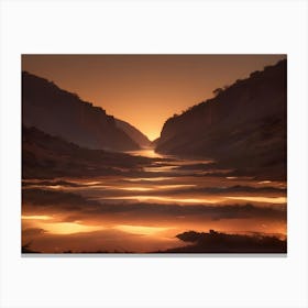 A Digital Painting Of A Serene, Golden Landscape With Mountains, A River, And A Glowing Sunset Canvas Print