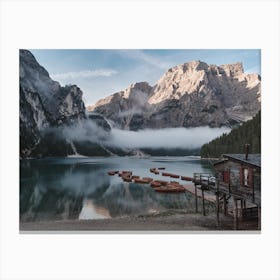 Canoes On Mountain Lake Canvas Print