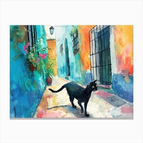Cadiz, Spain   Cat In Street Art Watercolour Painting 4 Canvas Print