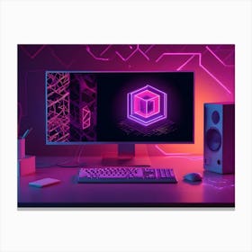 Modern Computer Setup With A Monitor Displaying A Glowing, Geometric Shape On A Dark Background With Pink And Blue Neon Lights Canvas Print