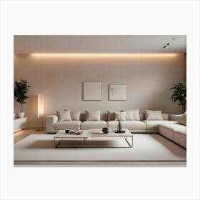 A Modern Living Room Interior With A Beige Sectional Sofa, A Coffee Table, Two Plants, And A Tv Canvas Print