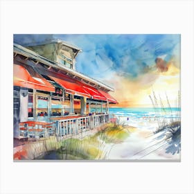 Watercolor Painting Of A Colorful Beachside Restaurant With Red Awnings Canvas Print