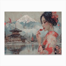 Geisha Grace: Elegance in Burgundy and Grey. Japanese Woman Canvas Print