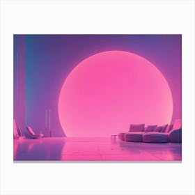 A Minimalist, Futuristic Interior With White Furniture And A Large, Circular Window Emitting A Pink Glow, Creating A Serene And Surreal Atmosphere Canvas Print