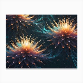 Three Glowing, Ethereal Flowers In Pink, Orange, And Blue Float Against A Dark Background With Swirling Particles And Abstract Shapes Canvas Print