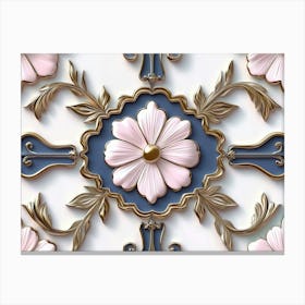 Seamless Sculpture, Retro Pattern Curve Cross Pink Flower Leaf Gold Frame Line Canvas Print