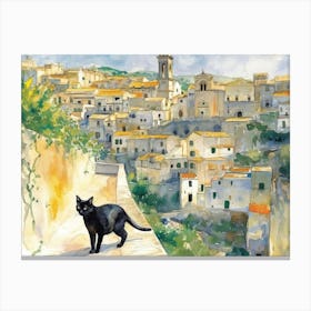 Black Cat In Matera, Italy, Street Art Watercolour Painting 1 Canvas Print