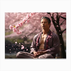 Meditating Man Under Cherry Blossoms Paintings Art Print Canvas Print