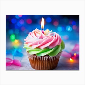 Cupcake With Vibrant Swirls Of Pink Blue And Green Frosting Single Lit Candle Atop Celebrating A (4) Canvas Print