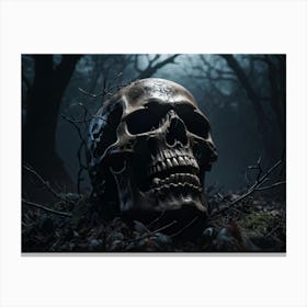 An Eerie Digital Render Of A Human Skull Its Gritted Teeth Showing A Glimpse Of The Dark Haunted N (3) Canvas Print