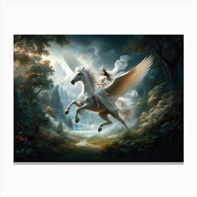 Pegasus Queen, In a mystical forest, a regal figure rides a majestic winged horse. Sunlight filters through dense foliage, casting a serene glow over an ethereal landscape. This fantasy scene evokes a sense of wonder and otherworldly grace. classic art Canvas Print