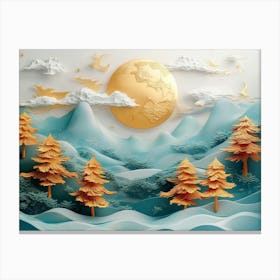 3d Modern Art Landscape Moon, Golden Christmas Trees, Colorful Mountains 2 Canvas Print